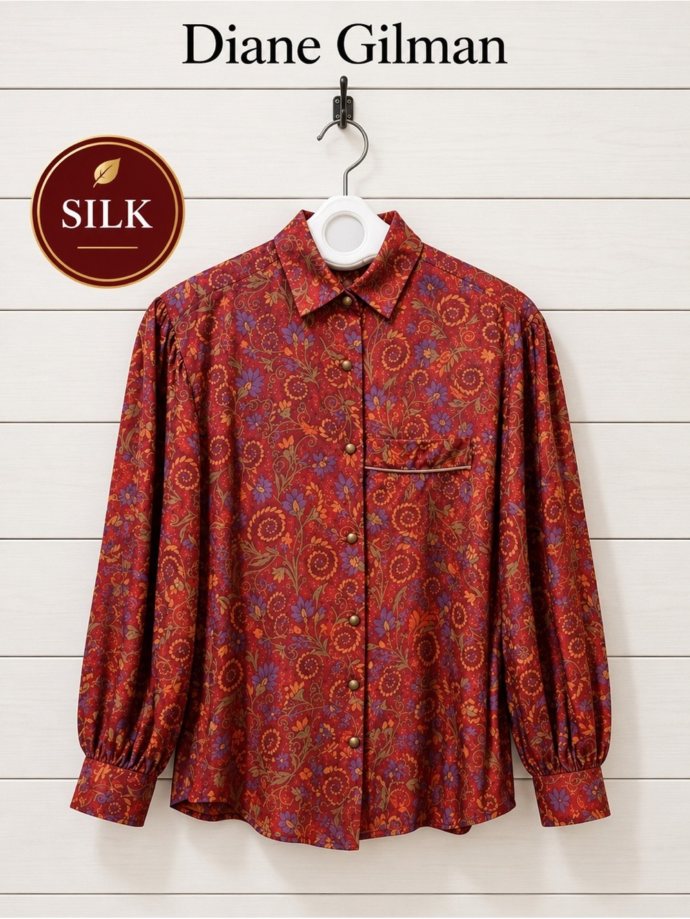 DIANE GILMAN Red Floral Silk Blouse – Size 8